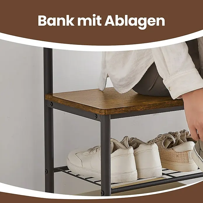 Garderoben-Set mit Sitzbank & Schuhablage - L x B x H: 32 x 70 x 175 cm, Braun/Schwarz - Schuhregal mit Ablagen und Schuhen. Praktische Aufbewahrungslösung für den Eingangsbereich oder das Schlafzimmer.