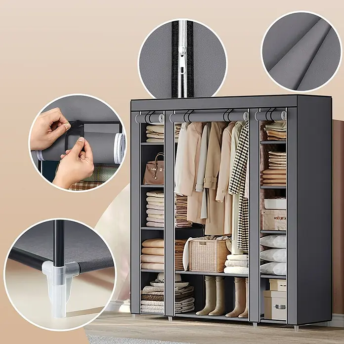 Textiler Kleiderschrank - L x B x H: 45 x 150 x 175 cm, Grau, Anzahl Fächer: 12 Stk. - Geräumiger, grauer Stoffschrank mit Kleiderstangen, Ablagen und Details wie Reißverschluss und Stoffbeschaffenheit für viel Stauraum.