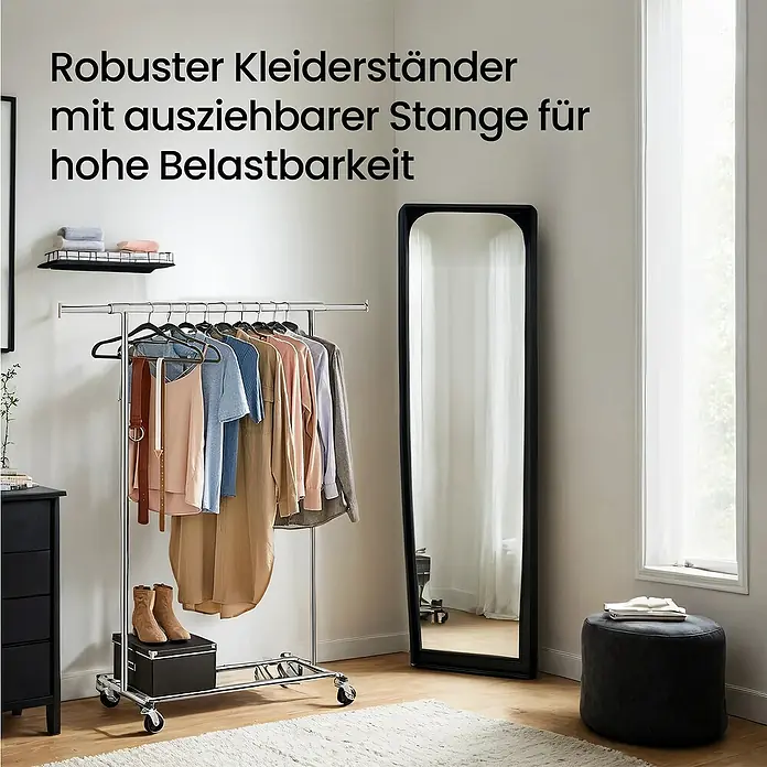 Kleiderwagen - L x H: 45 x 160 cm, Breitenverstellung: 92 cm - 132 cm, Silber - Robuster Kleiderständer mit ausziehbarer Stange bietet hohe Belastbarkeit. Ideal zum Aufhängen von Kleidung im Schlaf- oder Ankleidezimmer.
