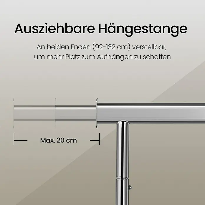 Kleiderwagen - L x H: 45 x 160 cm, Breitenverstellung: 92 cm - 132 cm, Silber - Detailaufnahme einer ausziehbaren Kleiderstange mit der maximalen Auszugslänge von 20 cm für zusätzlichen Platz.