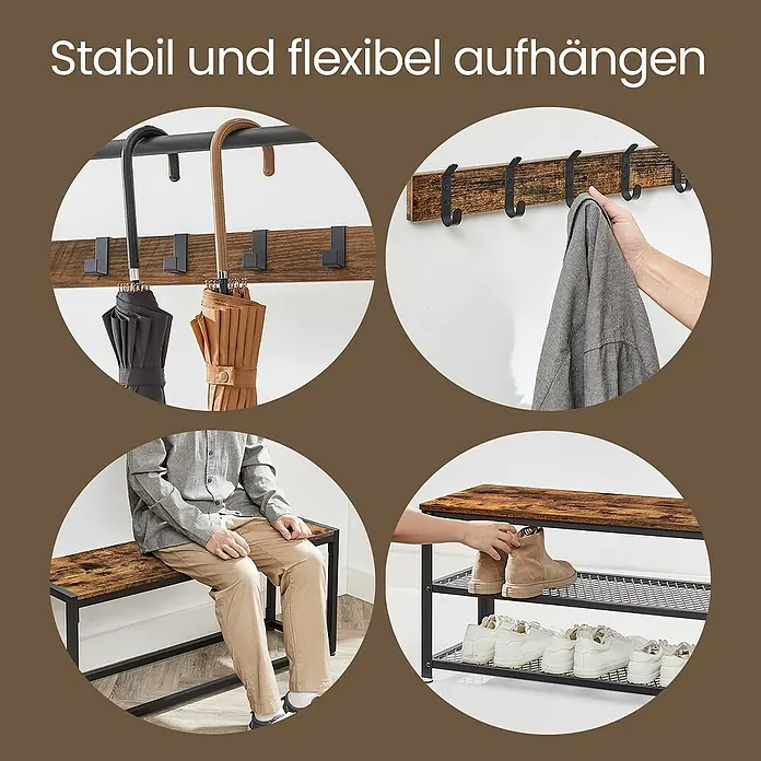Garderoben-Set mit Sitzbank & Schuhablage - L x B x H: 32,2 x 64 x 180 cm, Braun/Schwarz - Das Produkt ist ein stabiles und flexibles Garderobenmöbel mit Hakenleiste und Schuhregal.