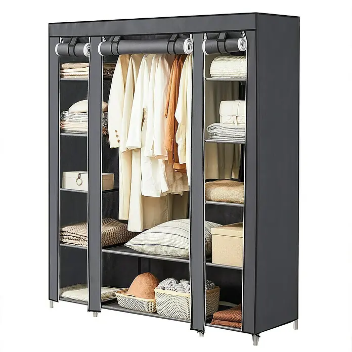 Textiler Kleiderschrank - L x B x H: 45 x 150 x 175 cm, Grau, Anzahl Fächer: 12 Stk. - Bild eines grauen, tragbaren Kleiderschranks mit Regalen und einer Kleiderstange, gefüllt mit Kleidung und Accessoires.