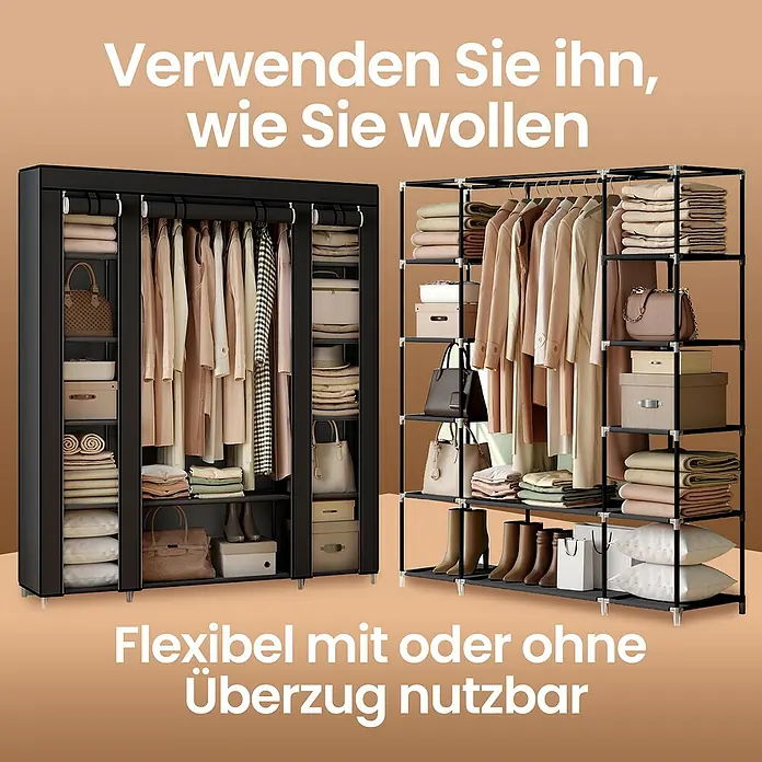 Textiler Kleiderschrank - L x B x H: 45 x 150 x 175 cm, Schwarz, Anzahl Fächer: 12 Stk. - Bild von zwei Kleiderschränken in Schwarz, einer mit und einer ohne Abdeckung.