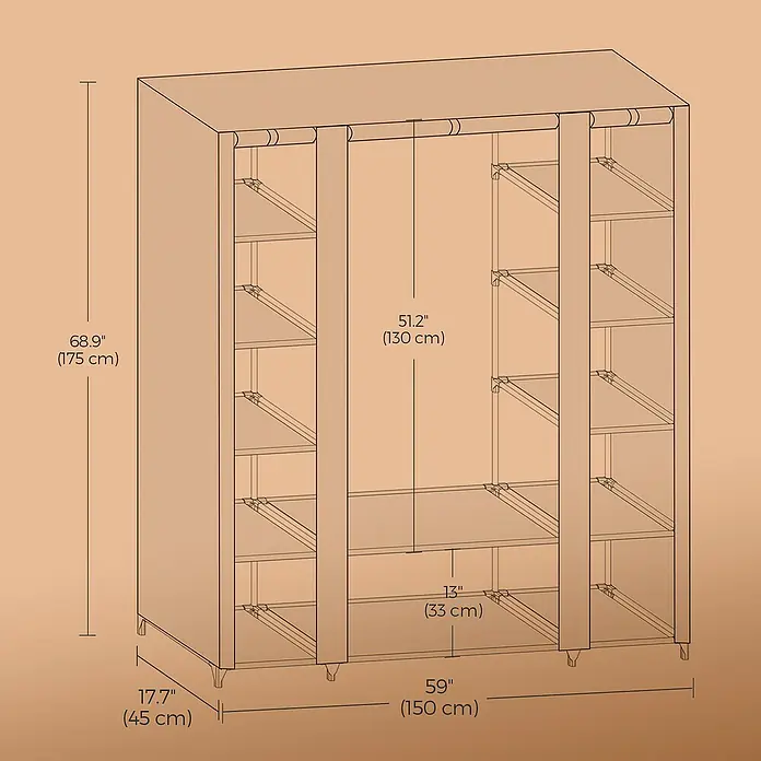 Textiler Kleiderschrank - L x B x H: 45 x 150 x 175 cm, Schwarz, Anzahl Fächer: 12 Stk. - Darstellung eines Stoffschranks mit Regalen und Kleiderstangen, inklusive Maßangaben in Zoll und Zentimetern.