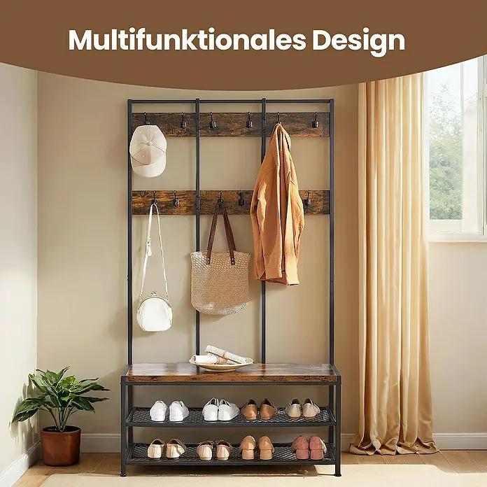 Garderobenständer - L x B x H: 40 x 100 x 184 cm, Braun/Schwarz - Multifunktionales Garderobenmöbel mit Sitzbank, Schuhablagen und Hakenleiste für Jacken, Hüte und Taschen. Praktische Aufbewahrung im Flur.