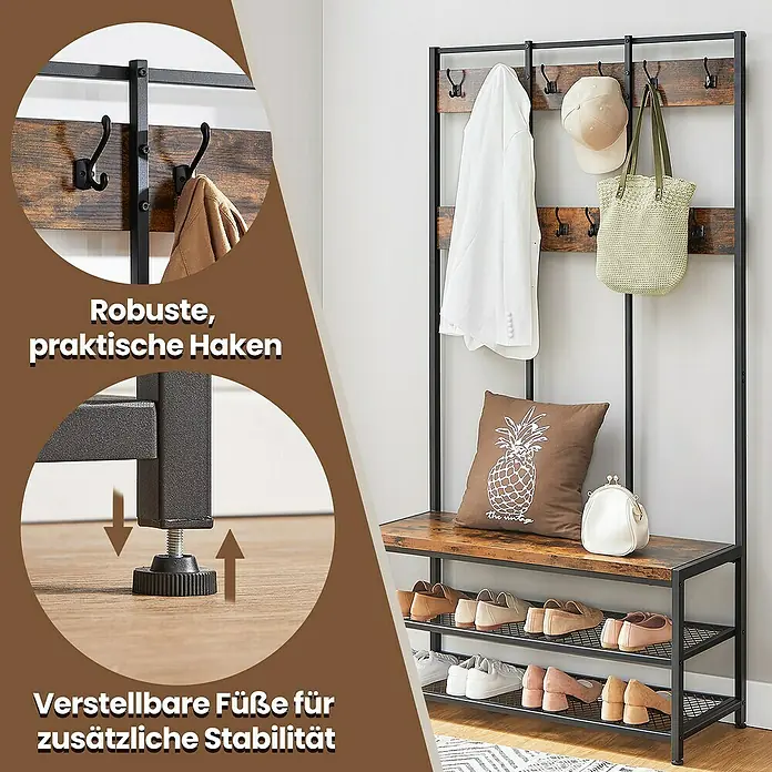 Garderobenständer - L x B x H: 40 x 100 x 184 cm, Braun/Schwarz - Garderobenständer mit Ablagebank. Der Flur-Organizer mit verstellbaren Füßen, stabilen Haken und Schuhregal bietet optimalen Stauraum.