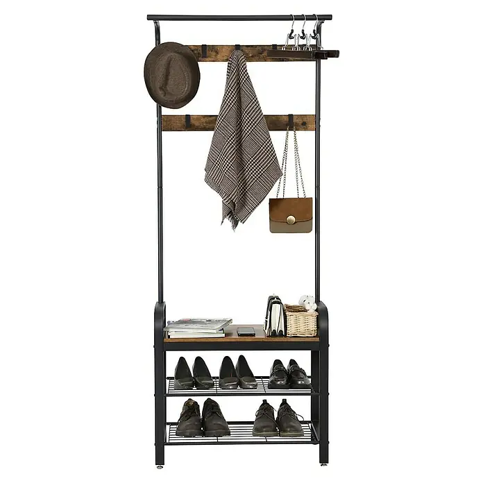 Garderoben-Set - L x B x H: 33,7 x 72 x 183 cm, Braun/Schwarz - Garderobenständer mit Hut, Schal, Handtasche und Schuhen für einen organisierten Eingangsbereich.