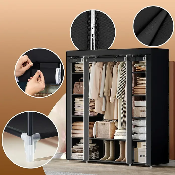 Textiler Kleiderschrank - L x B x H: 45 x 150 x 175 cm, Schwarz, Anzahl Fächer: 12 Stk. - Aufnahme eines schwarzen Stoff-Garderobenschranks mit Details zu Reißverschluss, Stoff, Verbindungsstücken und Klettverschluss.