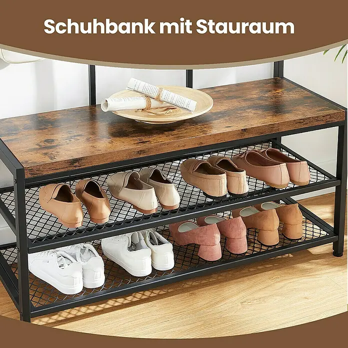 Garderobenständer - L x B x H: 40 x 100 x 184 cm, Braun/Schwarz - Schuhbank mit Stauraum: Eine stilvolle Schuhbank mit zwei Ablagen aus Metallgitter für Schuhe und einer Ablage aus Holz.