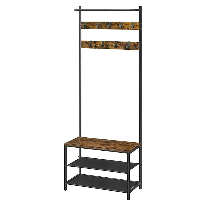 Garderoben-Set mit Sitzbank & Schuhablage - L x B x H: 32,2 x 64 x 180 cm, Braun/Schwarz - Garderobenständer mit Bank, zwei Ablagen und zwei Reihen Haken für Jacken, Mäntel und Accessoires.