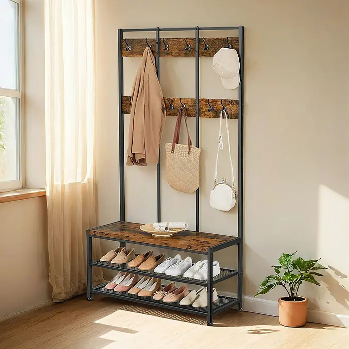 Garderobenständer - L x B x H: 40 x 100 x 184 cm, Braun/Schwarz - Elegante Garderobe mit Sitzbank und Schuhablage. Praktische Aufbewahrungslösung für Jacken, Schuhe und Accessoires im Eingangsbereich.