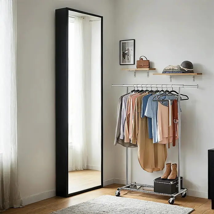 Kleiderwagen - L x H: 45 x 160 cm, Breitenverstellung: 92 cm - 132 cm, Silber - Elegantes Interieur mit einem großen, schwarzen Spiegel an der Wand, einem Kleiderständer und stilvollen Regalen.