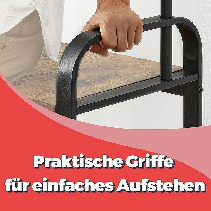 Garderoben-Set - L x B x H: 33,7 x 72 x 183 cm, Braun/Schwarz - Detailaufnahme eines Möbels mit praktischen Griffen, die das Aufstehen erleichtern. Das Möbelstück hat eine rustikale Holzplatte und ein schwarzes Metallgestell.