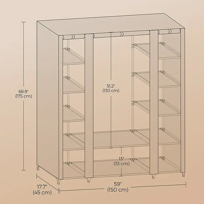 Textiler Kleiderschrank - L x B x H: 45 x 150 x 175 cm, Grau, Anzahl Fächer: 12 Stk. - Illustration eines Kleiderschranks mit Maßen. Die Höhe beträgt 175 cm, die Breite 150 cm und die Tiefe 45 cm.