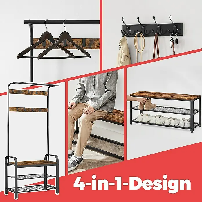 Garderoben-Set - L x B x H: 33,7 x 72 x 183 cm, Braun/Schwarz - Eine vielseitige Garderobenständer mit Sitzbank und Schuhregal, perfekt für den Eingangsbereich. Praktisches 4-in-1-Design für Organisation.