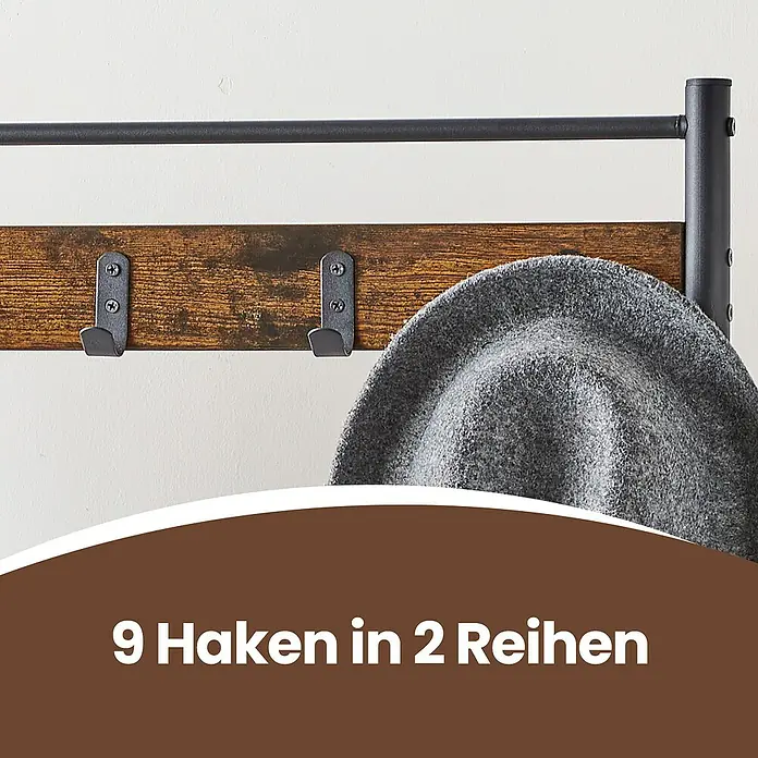 Garderoben-Set mit Sitzbank & Schuhablage - L x B x H: 32 x 70 x 175 cm, Braun/Schwarz - Produktaufnahme einer Garderobe mit 9 Haken in 2 Reihen. Die Garderobe besteht aus Holz und Metall.