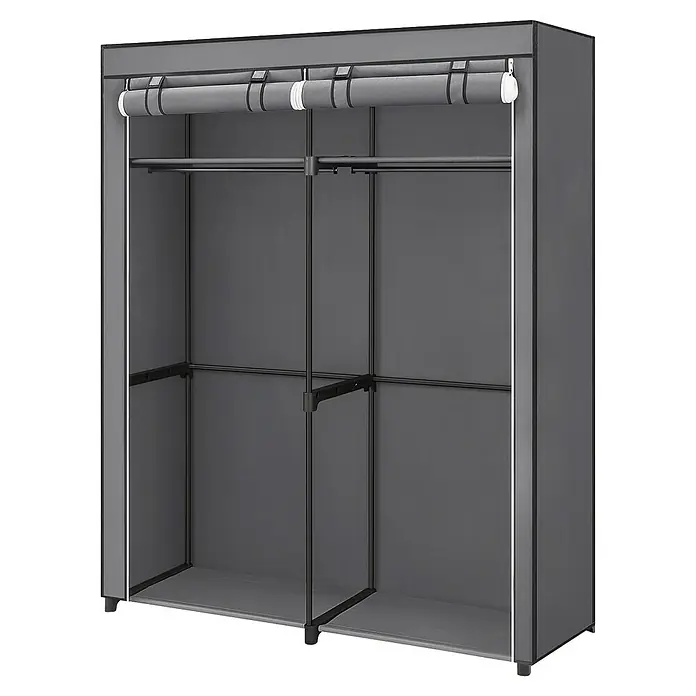 Textiler Kleiderschrank - L x B x H: 43 x 140 x 174 cm, Grau - Grauer, freistehender Kleiderschrank mit zwei Abteilen und Regalen sowie zwei Kleiderstangen für zusätzlichen Stauraum.