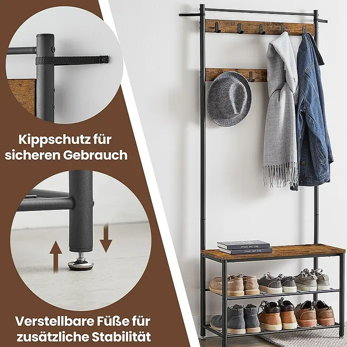 Garderoben-Set mit Sitzbank & Schuhablage - L x B x H: 32 x 70 x 175 cm, Braun/Schwarz - Eine Garderobe mit Kippschutz und verstellbaren Füßen für zusätzliche Stabilität. Praktisch für jeden Eingangsbereich.