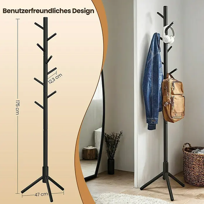 Garderobenständer - B x H: 47 cm x 175 mm, Anzahl Haken: 8 Stk., Schwarz - Eine stilvolle, schwarze Garderobe mit mehreren Haken für Jacken, Taschen und Accessoires. Perfekt für jeden Eingangsbereich.