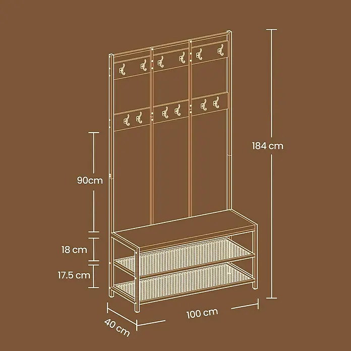 Garderobenständer - L x B x H: 40 x 100 x 184 cm, Braun/Schwarz - Abbildung eines braunen Garderobenständers mit den Maßen 184cm Höhe, 100cm Breite und 40cm Tiefe.