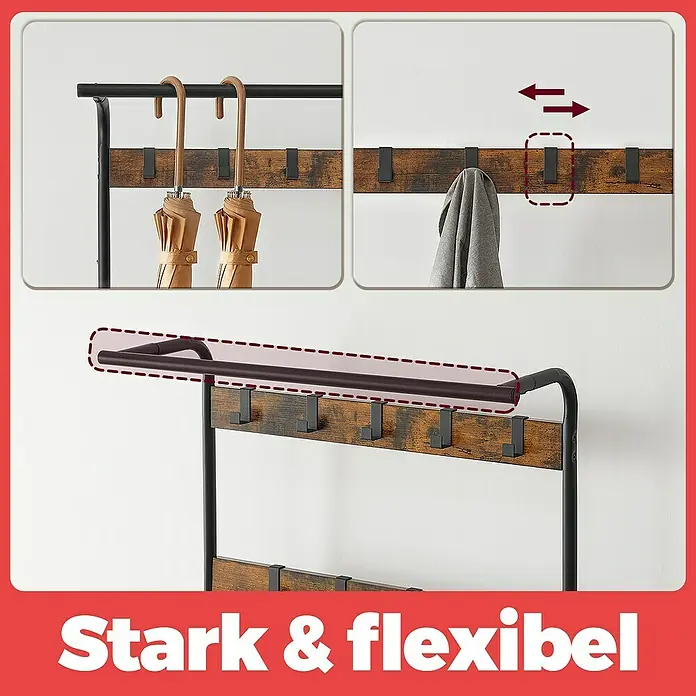 Garderoben-Set - L x B x H: 33,7 x 72 x 183 cm, Braun/Schwarz - Die Garderobenständer-Kombination bietet durchdachte Funktionalität und ein stilvolles Design für eine attraktive Aufbewahrungslösung.
