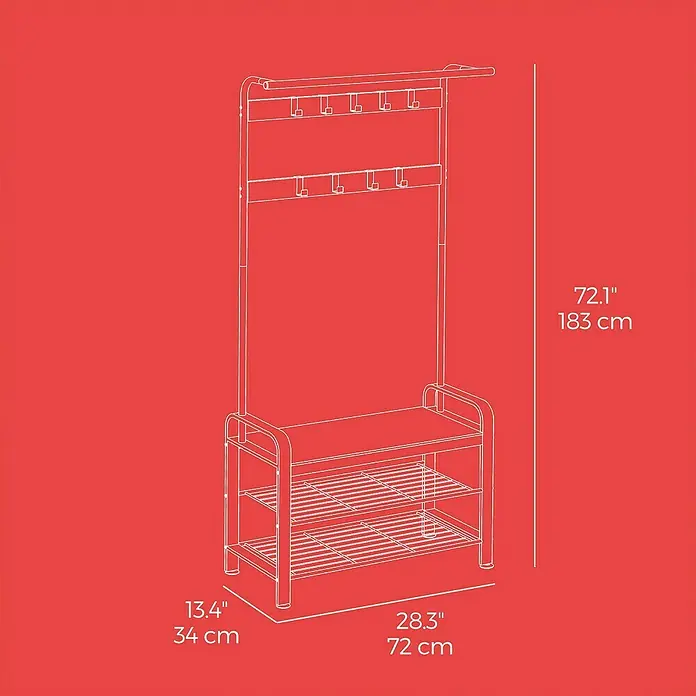 Garderoben-Set - L x B x H: 33,7 x 72 x 183 cm, Braun/Schwarz - Eine schematische Darstellung einer Garderobenständer-Bank-Kombination mit Schuhablagen, die ihre Abmessungen hervorhebt.