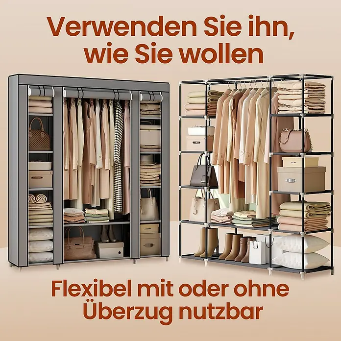 Textiler Kleiderschrank - L x B x H: 45 x 150 x 175 cm, Grau, Anzahl Fächer: 12 Stk. - Vielseitiger Kleiderschrank mit Regalen und Abdeckung.