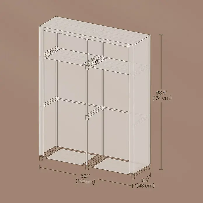 Textiler Kleiderschrank - L x B x H: 43 x 140 x 174 cm, Grau - Darstellung eines Stoffschranks mit Maßangaben zu Höhe, Breite und Tiefe in Zentimetern und Zoll.