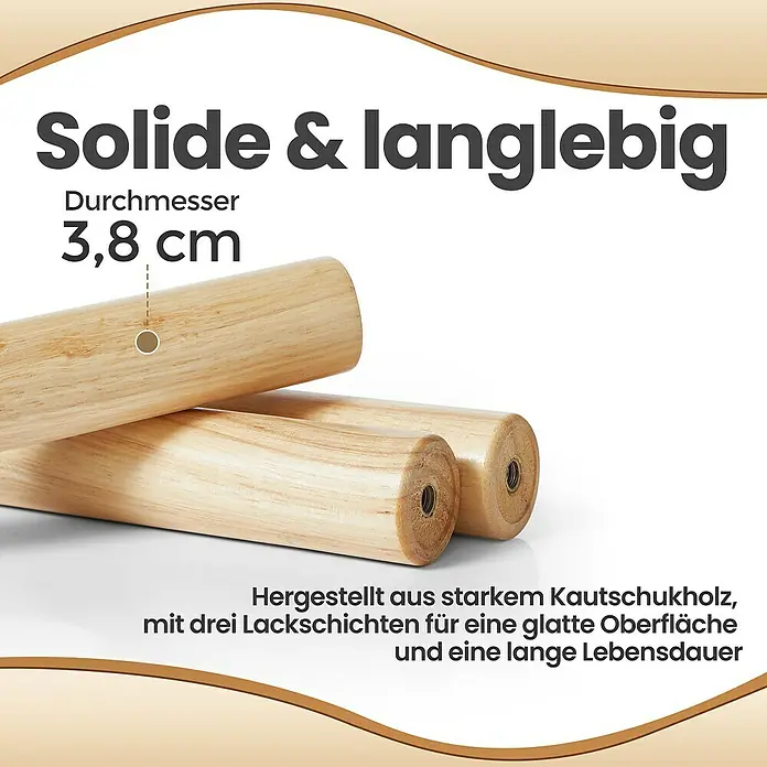Garderobenständer - B x H: 47 cm x 175 mm, Anzahl Haken: 8 Stk., Schwarz - Nahaufnahme von drei soliden und langlebigen Holzstäben mit einem Durchmesser von 3,8 cm, hergestellt aus Kautschukholz und Lackschichten.