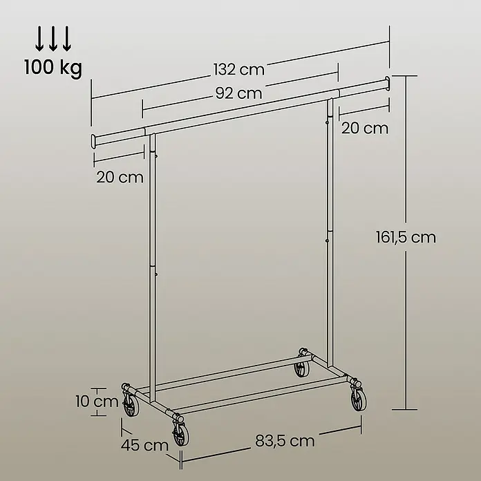 Kleiderwagen - L x H: 45 x 160 cm, Breitenverstellung: 92 cm - 132 cm, Silber - Eine schematische Darstellung eines Kleiderständers mit Maßangaben zu Höhe, Breite und Tiefe, sowie der maximalen Traglast von 100kg.