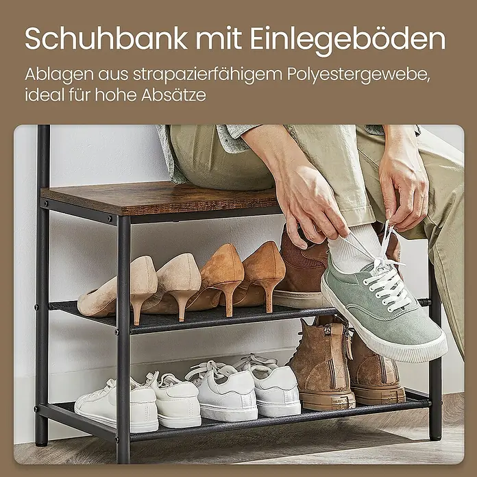 Garderoben-Set mit Sitzbank & Schuhablage - L x B x H: 32,2 x 64 x 180 cm, Braun/Schwarz - Schuhbank mit Einlegeböden aus strapazierfähigem Polyestergewebe. Ideal für hohe Absätze und zum Sitzen beim Schuhe anziehen.