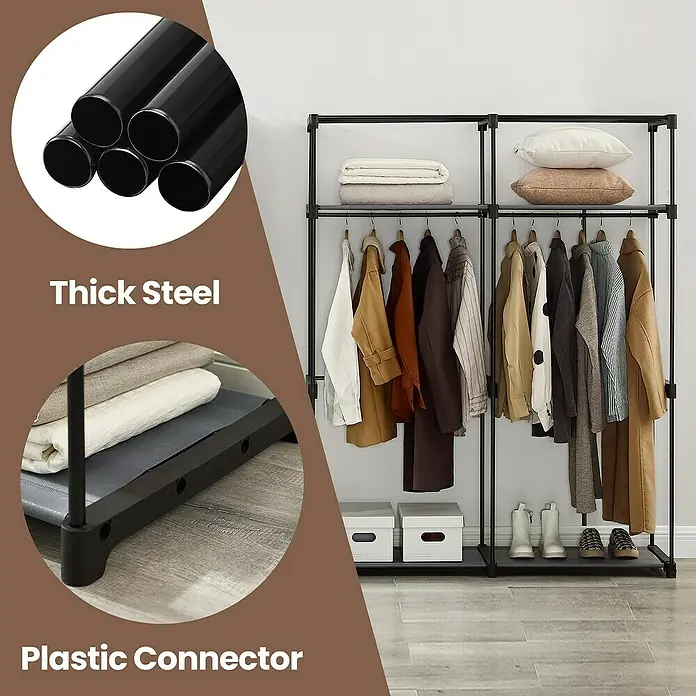 Textiler Kleiderschrank - L x B x H: 43 x 140 x 174 cm, Grau - Abbildung eines begehbaren Kleiderschranks mit Stahlrohren und Kunststoffverbindern. Ideal zur Aufbewahrung von Kleidung, Schuhen und Accessoires.