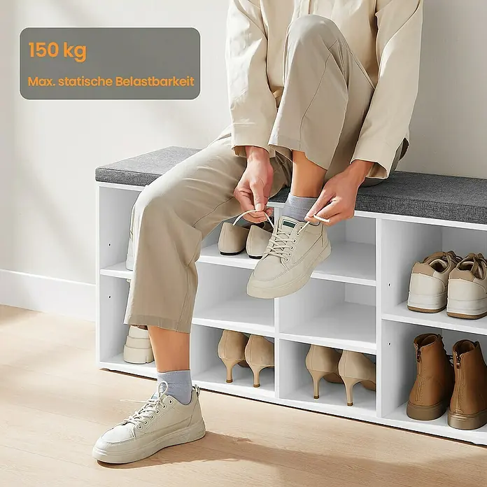 Schuhbank - 30 x 104 x 48 cm, Weiß/Grau - Schuhregal-Bank-Kombination mit gepolsterter Sitzfläche und mehreren Fächern zur Aufbewahrung von Schuhen.