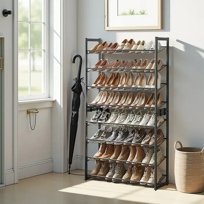 Schuhregal - L x B x H: 30,7 x 92,5 x 163,5 cm, Schwarz, Anzahl Fächer: 8 Stk. - Bild eines Schuhregals aus Metall, das mit einer Vielzahl von Schuhen gefüllt ist, darunter Pumps, Turnschuhe und Stiefel.