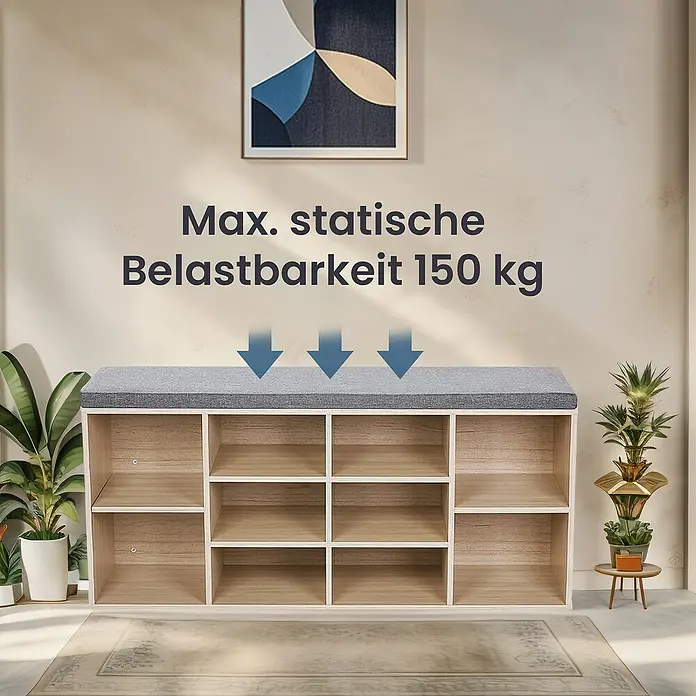 Schuhbank - 30 x 104 x 48 cm, Eiche/Grau - Schuhregal mit grauer Sitzfläche und Hinweisen zur maximalen statischen Belastbarkeit von 150 kg für den Flur.