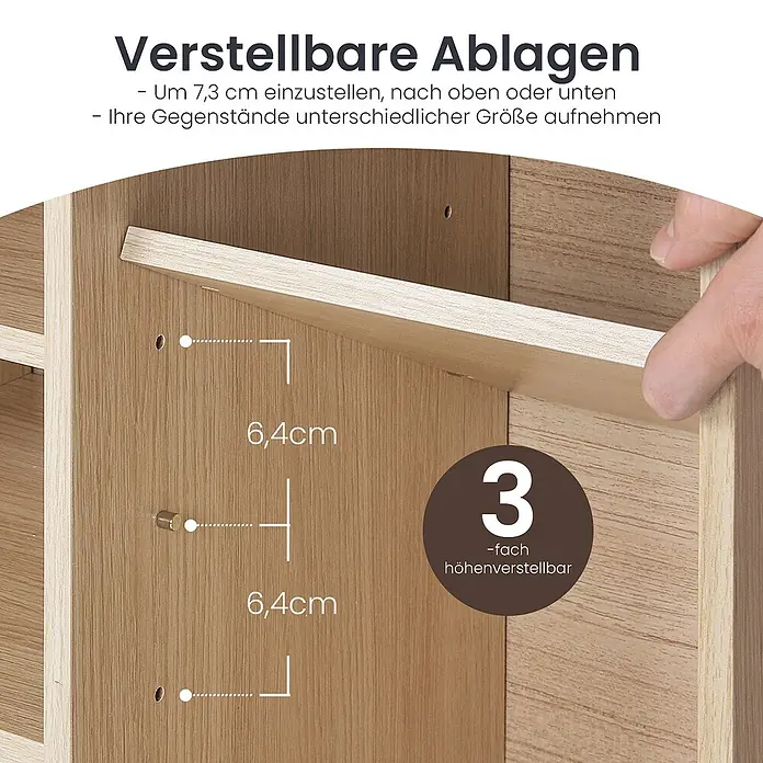 Schuhbank - 30 x 104 x 48 cm, Eiche/Grau - Das Bild zeigt ein Möbelstück mit verstellbaren Ablagen. Die Regale sind im Abstand von 6,4 cm höhenverstellbar und bieten Flexibilität.