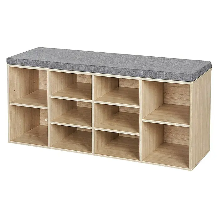 Schuhbank - 30 x 104 x 48 cm, Eiche/Grau - Gepolsterte Schuhbank mit 10 Fächern aus Holz. Ideal zur Aufbewahrung von Schuhen im Flur. Die Bank bietet zudem eine bequeme Sitzgelegenheit.