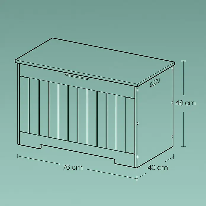 Truhe - L x B x H: 40 x 76 x 48 cm, Weiß - Abbildung einer Spielzeugkiste mit den Maßen 76 cm x 40 cm x 48 cm.