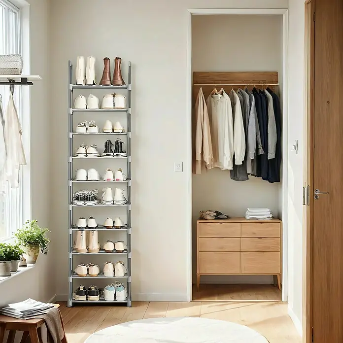 Schuhregal - L x B x H: 30 x 45 x 174 cm, Grau - Ein hoher Schuhschrank aus Metall mit mehreren Schuhpaaren darauf, der im Flur neben einer Tür steht.