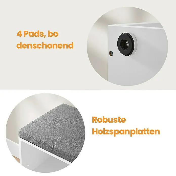 Schuhbank - 30 x 104 x 48 cm, Weiß/Grau - Das Bild zeigt Details eines Schuhregals: Bodenschonende Pads und robuste Holzspanplatten für Stabilität und Schutz.