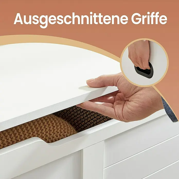 Truhe - L x B x H: 40 x 100 x 46 cm, Weiß - Ausgeschnittene Griffe für einen weißen Holzschrank. Der Griff ermöglicht einfaches Öffnen und Schließen des Schranks.