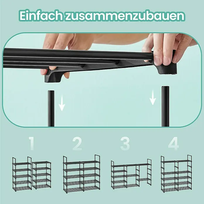 Schuhregal - L x B x H: 30 x 45 x 174 cm, Schwarz - Bild einer Montageanleitung für ein Schuhregal mit vier Schritten zum einfachen Zusammenbau.