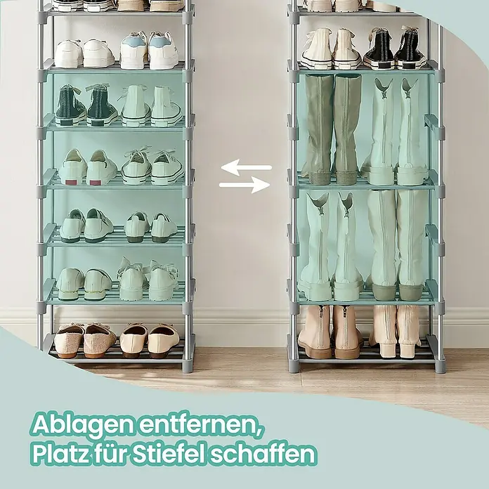 Schuhregal - L x B x H: 30 x 45 x 174 cm, Grau - Schuhregal mit mehreren Ebenen, das sich durch Entfernen von Böden in einen Stiefelständer verwandeln lässt.