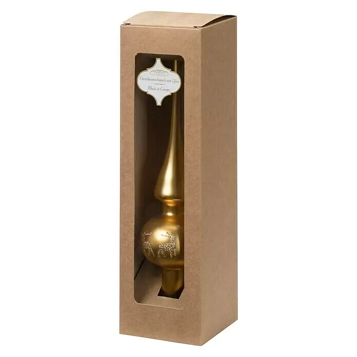 Christbaumspitze - Glas, Gold - Goldene Christbaumspitze mit Glitzer-Hirschen in brauner Fensterbox.
