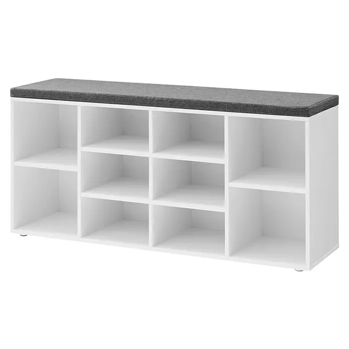 Schuhbank - 30 x 104 x 48 cm, Weiß/Grau - Weißes Schuhregal mit grauer Sitzfläche. Das Regal hat mehrere Fächer zur Aufbewahrung von Schuhen und anderen Gegenständen.