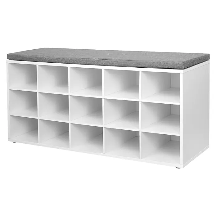 Schuhbank - L x B x H: 30 x 105 x 48 cm, Weiß/Grau - Ein weißes Schuhregal mit grauem Sitzkissen und mehreren Fächern zur Aufbewahrung von Schuhen. Praktisch und platzsparend.