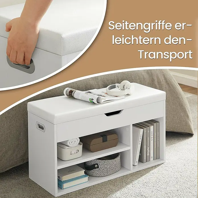Schuhbank mit Stauraum - L x B x H: 30 mm x 80 cm x 44 cm, Weiß - Elegante weiße Aufbewahrungsbank mit gepolsterter Sitzfläche und Regalen für zusätzlichen Stauraum. Seitliche Griffe erleichtern den Transport.