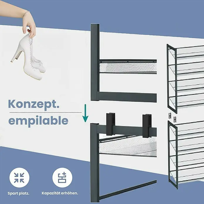 Schuhregal - L x B x H: 30,7 x 92,5 x 163,5 cm, Grau, Anzahl Fächer: 8 Stk. - Produktbild eines stapelbaren Schuhregals in Anthrazit, das Konzept der Erweiterung und Platzeinsparung demonstriert.