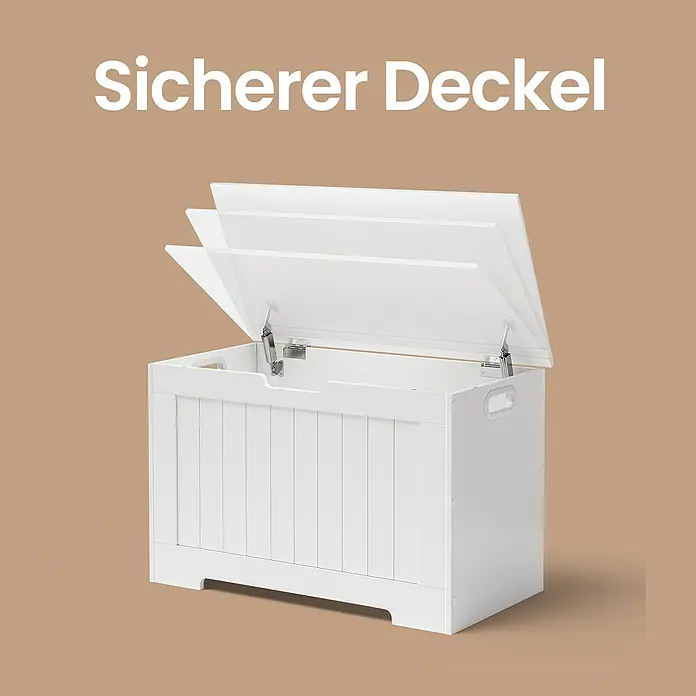 Truhe - L x B x H: 40 x 76 x 48 cm, Weiß - Weiß lackierte Spielzeugtruhe mit sicherer Deckelkonstruktion für Kinderzimmer.