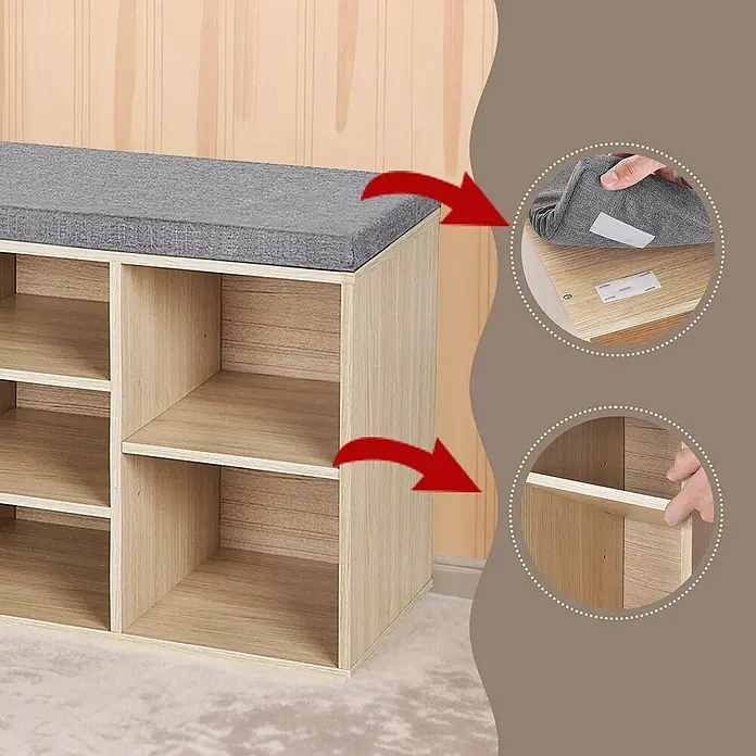 Schuhbank - 30 x 104 x 48 cm, Eiche/Grau - Schuhbank mit gepolsterter Sitzfläche und Fächern zur Aufbewahrung von Schuhen. Praktisches Möbelstück für den Flur.